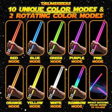 Lightsaber Drum Sticks Light Up Star DrumSticks Wars Lighted LED Rechargeable 10 Unique Colors and 2 Color Changing Glow Drumming Glowing Drummer Plastic Drum Stick Anime Jedi Gift Set