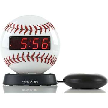 Sonic Alert Baseball Alarm Clock Nightlight for Heavy Sleepers -Loud & Compact Alarm Clock for Bedroom -Battery Backup & Full Range Dimmer -Easy to Set Digital Alarm Clock for Kids -AUX Connection