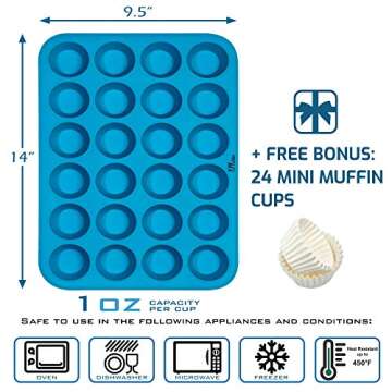 KPKitchen Silicone Mini Muffin Pan - Mini Cupcake Pan 24 Cup - Free Mini Muffin Paper Cups - Mini Muffin Pans Nonstick 24-100% Silicon Mini Muffin Tin - Baking Rubber Tray & Fat Bomb Molds Silicone