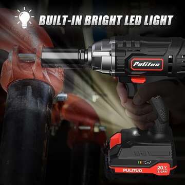 PULITUO Cordless Impact Wrench 1/2 Inch, 20V Electric Power Impact Gun Lightweight Design, 2000 In-Lbs High Torque，3600 BPM, 1 Hours Fast Charger, with Tools Bag