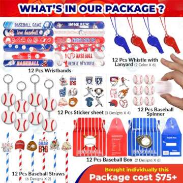 84 Pcs Baseball Party Favors - 12 Set Treat Box Keychains Baseball Wristbands Whistle Straw and Stickers for Boys Birthday Party Supply Classroom Rewards