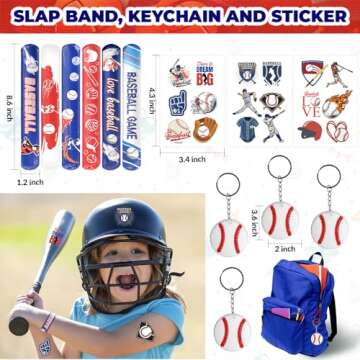 84 Pcs Baseball Party Favors - 12 Set Treat Box Keychains Baseball Wristbands Whistle Straw and Stickers for Boys Birthday Party Supply Classroom Rewards