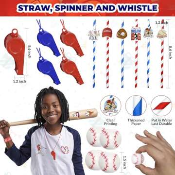 84 Pcs Baseball Party Favors - 12 Set Treat Box Keychains Baseball Wristbands Whistle Straw and Stickers for Boys Birthday Party Supply Classroom Rewards