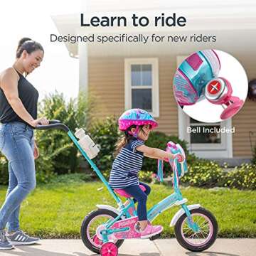 Schwinn Petunia Push Steer and Ride Kids Bike, Girls Beginner Bicycle, 12-Inch Wheels, with Training Wheels, Parent Push Handle, Streamers, Handlebar Bag, Water Bottle and Holder, Pink