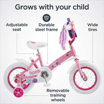 Schwinn Petunia Push Steer and Ride Kids Bike, Girls Beginner Bicycle, 12-Inch Wheels, with Training Wheels, Parent Push Handle, Streamers, Handlebar Bag, Water Bottle and Holder, Pink