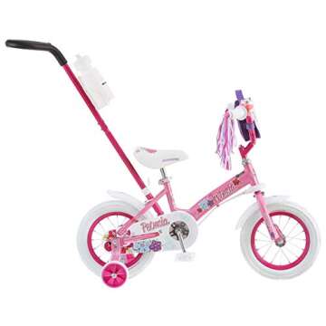 Schwinn Petunia Push Steer and Ride Kids Bike, Girls Beginner Bicycle, 12-Inch Wheels, with Training Wheels, Parent Push Handle, Streamers, Handlebar Bag, Water Bottle and Holder, Pink