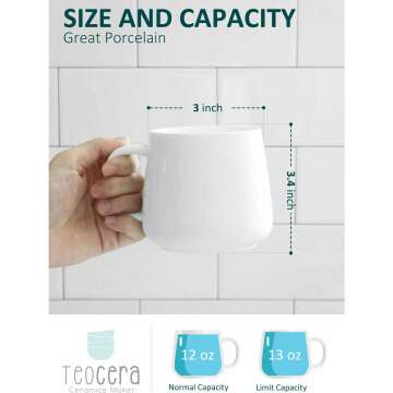 Teocera Porcelain Coffee Mugs Set of 4-12 Ounce Cups with Handle for Hot or Cold Drinks like Cocoa, Milk, Tea or Water - Smooth Ceramic with Modern Design, White