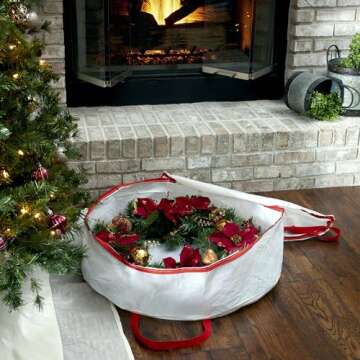 Household Essentials 2630 Heavy Duty Christmas Wreath Storage Bag with Red Trim | Holds Large Xmas Wreaths up to 30 inches