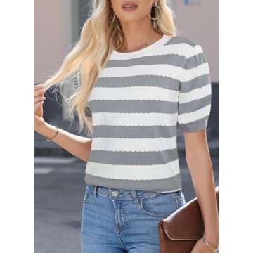 EVALESS Womens Spring Summer Crewneck Dressy Casual Striped Tops Blouses 2025 Fashion Trendy Cute Work Business Short Sleeve Sweater Basic T Shirts,Gray Stripe Small