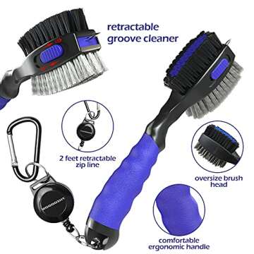 THIODOON 2 Pack Golf Club Brushes and Groove Cleaner 2 ft Retractable Zipline Carabiner Oversized Golf Brush Head with Retractable Spike Comfortable Grip Golf Club Cleaner