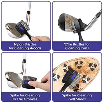 THIODOON 2 Pack Golf Club Brushes and Groove Cleaner 2 ft Retractable Zipline Carabiner Oversized Golf Brush Head with Retractable Spike Comfortable Grip Golf Club Cleaner