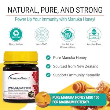 ManukaGuard Immune Support Manuka Honey 8.8 oz - Raw From New Zealand MGO 100 - Skin Care, Immune System Support, Cough, Digestive & Respiratory Health