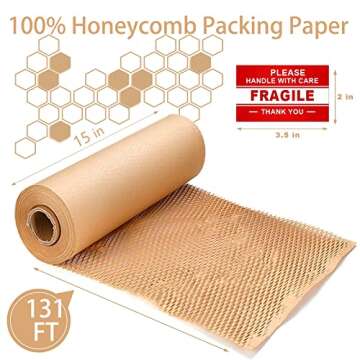 onesimcr Honeycomb Packing Paper Wrap 15"x131' Sustainable Alternative to Bubble Wrap for Moving/shipping/packing Roll with 20 Fragile Sticker Biodegradable & Fully Recylable…