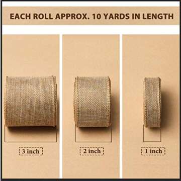 3 Rolls Christmas Burlap Jute Fabric Wired Ribbon 1/2/3 Inch by 10 Yards Jute Ribbon Linen Type Cloth for Arts Crafts Homemade DIY Projects, Event Decorations (Flaxen)