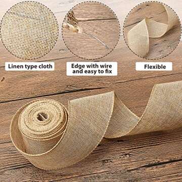 3 Rolls Christmas Burlap Jute Fabric Wired Ribbon 1/2/3 Inch by 10 Yards Jute Ribbon Linen Type Cloth for Arts Crafts Homemade DIY Projects, Event Decorations (Flaxen)