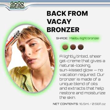 GOOD WEIRD Back From Vacay Bronzer - Vegan Liquid Face Bronzer Gel Cream for Men and Women | Natural Glow Lightweight Highlighter Makeup | Subtle Shimmer | 0.56 fl. oz. | MALIBU (Light Bronze)