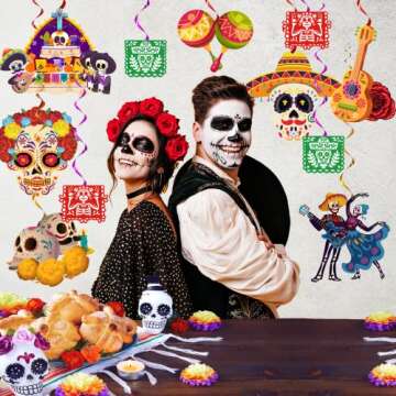 36 Pcs Dia De Los Muertos Decorations banner,NO-DIY Day Of The Dead Decorations Sugar Skull Decorations banner,Dia De Muertos Decorations for Mexican Party Supplies