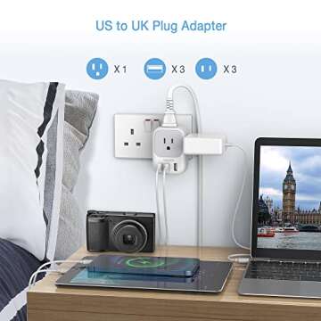 TESSAN US to UK Plug Adapter 3 Pack, Type G Travel Converter with 4 Electrical Outlet 3 USB Charger, Power Adaptor for USA to Ireland Dubai Scotland Hong Kong England British Kenya London Qatar