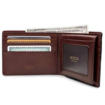 Bosca Men's Leather Wallet with Removable ID Passcase - Dolce Italian leather Wallet for Men 8 Card Slots, Bifold Design, Hand-Stitched Detailing, Polished Finish, Dark Brown