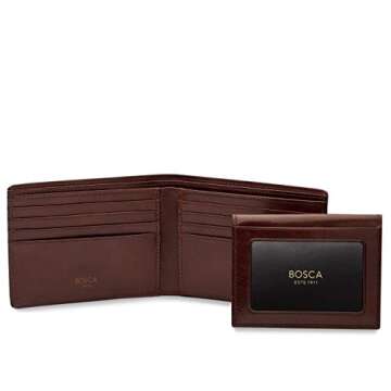 Bosca Men's Leather Wallet with Removable ID Passcase - Dolce Italian leather Wallet for Men 8 Card Slots, Bifold Design, Hand-Stitched Detailing, Polished Finish, Dark Brown