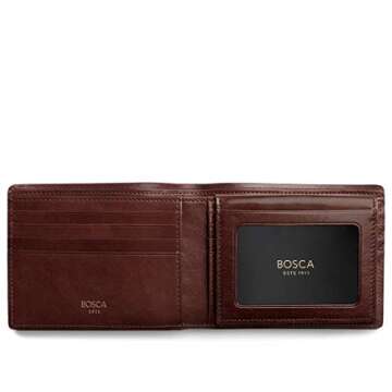 Bosca Men's Leather Wallet with Removable ID Passcase - Dolce Italian leather Wallet for Men 8 Card Slots, Bifold Design, Hand-Stitched Detailing, Polished Finish, Dark Brown