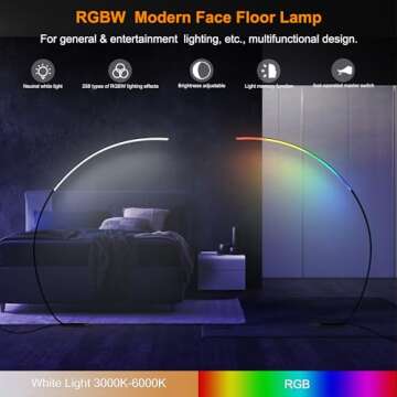 E.P. Light RGBW Modern 69.99 inch Arched Standing Reading Floor Lamp with Remote - Dimmable Black Led Color Changing Curved Ambient Lighting for Bedroom and Living Room