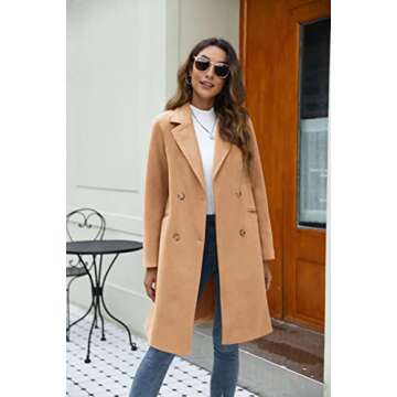 Yousify Womens Notched Lapel Collar Double Breasted Pea Coat Winter Wool Blend Over Coats Long Jackets Camel XL