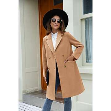 Yousify Womens Notched Lapel Collar Double Breasted Pea Coat Winter Wool Blend Over Coats Long Jackets Camel XL