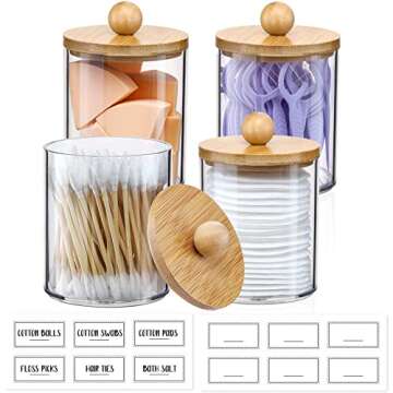 4 Pack Qtip Holder Dispenser with Bamboo Lids - 10 oz Clear Plastic Apothecary Jar Containers for Vanity Makeup Organizer Storage - Bathroom Accessories Set for Cotton Swab, Ball, Pads, Floss