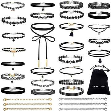 PAXCOO 32 PCS Choker Necklaces Set Including 26 Pcs Black Choker Necklaces and 6 Pcs Extender Chains for Women Girls