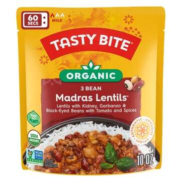 Tasty Bite Organic 3 Bean Madras Lentils, 10 Ounce, Pack of 6, Simmered With Tomato & Spices, Ready to Eat, Microwavable