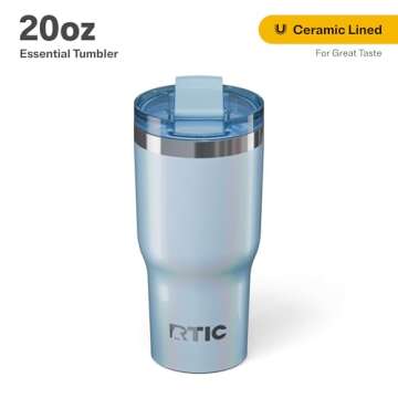 RTIC 20oz Essential Tumbler with Lid, Insulated, Stainless Steel, Metal, Double Wall Vacuum-Insulation, Ceramic Lined, Travel Cup for Iced Coffee, Tea, Hot and Cold Drink, RTIC Ice Glitter