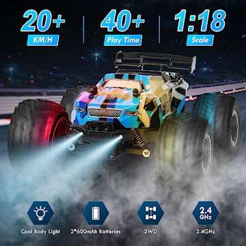 HENEROAR Remote Control Car, Remote Control Truck, 2.4Ghz All Terrain Off-Road Monster Truck, 20 KM/H Rc Cars with LED Bodylight and 2 Rechargeable Batteries Toys for Boys