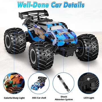 HENEROAR Remote Control Car, Remote Control Truck, 2.4Ghz All Terrain Off-Road Monster Truck, 20 KM/H Rc Cars with LED Bodylight and 2 Rechargeable Batteries Toys for Boys