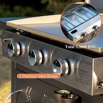 Sophia & William Flat Top Gas Griddle Grill with lid 3-Burner 33,000 BTU Propane BBQ Grill Outdoor Cooking Station, Can be Converted into Table Top Griddle for Camping