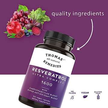 Thomas' all-natural Remedies Resveratrol 1600mg Organic Trans-Resveratrol Antioxidant Supplement with Organic Grape Seed Extract and Quercetin- Anti-Aging and Cardiovascular Support- 120 Capsules