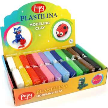 Pepy Plastilina Reusable and Non-Drying Modeling Clay Gift Set; Set of 24 Bars, 1.4 Ounce Each, 2 Each of 12 Colors, Perfect for Arts and Crafts Projects, Multicolor