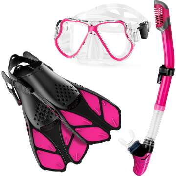 Zenoplige Mask Fins Snorkel Set Adults Men Women, Swim Goggles 180 Panoramic View Anti-Fog Anti-Leak Dry Top Snorkel and Dive Flippers Kit with Gear Bag for Snorkeling Swimming Scuba Diving Training
