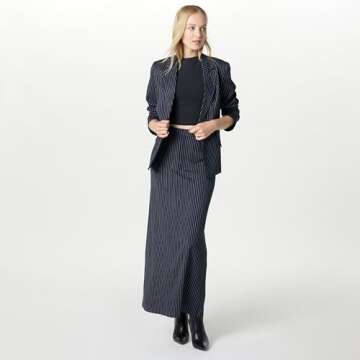 The Drop Women's Navy Pinstripe Long Column Skirt