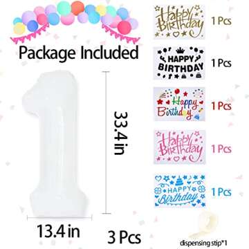 Felice Arts 3Pcs 40 IN White Large Numbers Balloons 0-9,Number 1 Foil Balloons with 5 Different Stickers for Birthday Party Supplies Decorations