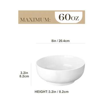 MALACASA Large Serving Bowls - 60 OZ (8") Salad Bowls Set of 2, White Mixing Bowls for Kitchen, Soup, Pasta and Dinner, Large Salad Bowls Set, Dishwasher & Oven Safe, Series REGULAR