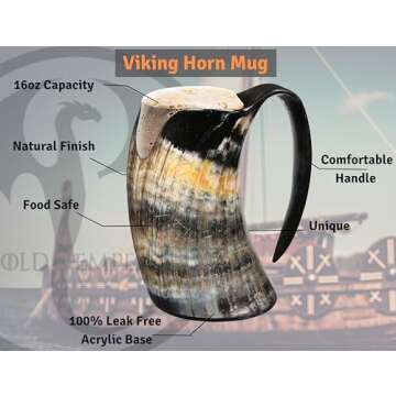 OLDEMPEROR Viking Horn Mug - 100% Authentic 16oz - Ultimate Unique Handmade Ox Horn Norse Mug for Hot & Cold Drinks- Viking Gift for Men and Women- Food Grade Medieval Style Man's Beer & Mead Cup…