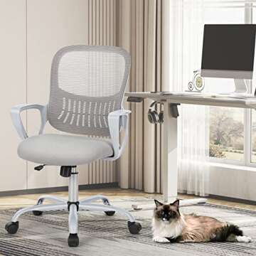 Sweetcrispy Office Computer Desk Managerial Executive Chair, Ergonomic Mid-Back Mesh Rolling Work Swivel Chairs with Wheels, Comfortable Lumbar Support, Comfy Arms for Home,Bedroom,Study, Grey