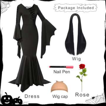 Mosong 5pcs Halloween Costume Set for Gothic Costume Women Adult with Retro Floor Length Goth Black Dress Wig Nail Pen for Vampire Witch Costume MS074XXXL