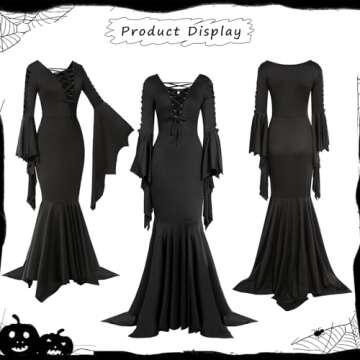 Mosong 5pcs Halloween Costume Set for Gothic Costume Women Adult with Retro Floor Length Goth Black Dress Wig Nail Pen for Vampire Witch Costume MS074XXXL