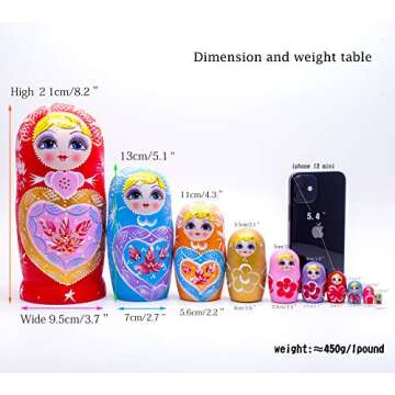 JoyNest Russian Nesting Dolls 10pcs Matryoshka Wood Stacking Nested Set Heart Shape Girl Handmade Toys for Children Kids Christmas Birthday Halloween Wishing Gift