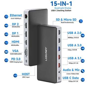 USB C Laptop Docking Station, 15 in 1 Triple Display Multiport Adapter with 3 Monitors Dock Compatible for Dell/Surface/HP/Lenovo Laptops (Dual DP, HDMI, VGA, USB Ports, RJ45, SD/TF, Mic/Audio, PD)