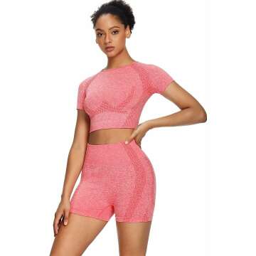 Sytiz Women Seamless Yoga Outfits 2 Piece Set Workout Gym Shorts + Short Sleeve Crop Top