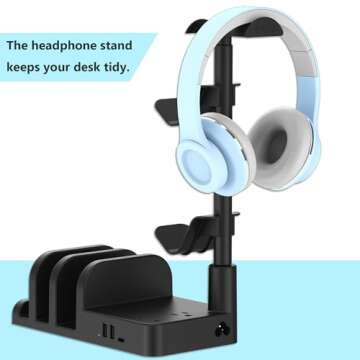 KAFRI Headphone and Controller Stand with USB A&C Charger, Desk Gaming Accessories Headset Holder with USB Charging Port and 2 AC Outlets