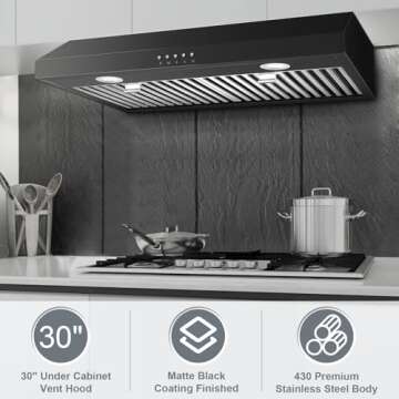 SNDOAS Under Cabinet Range Hood 30 inch,Kitchen Hood 30 inch,Black Range Hood,Stainless Steel Under Cabinet Hood,Ducted/Ductless Range Hood,3-Venting,Baffle Filters,Button Control,3-speed Fan